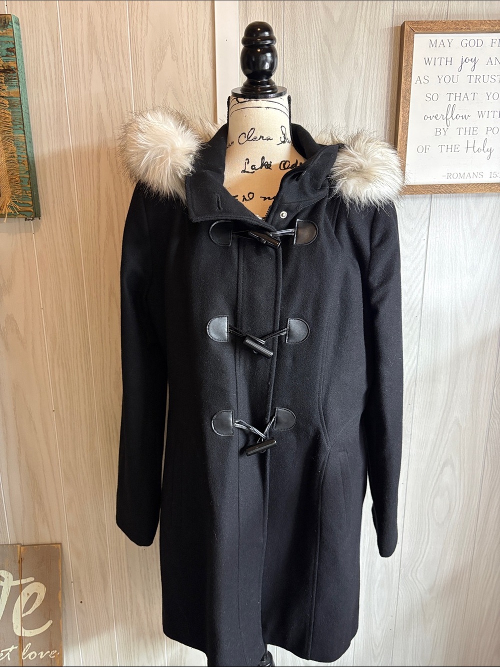 Laundry by Design Black Wool Toggle Coat with Faux-Fur Trim